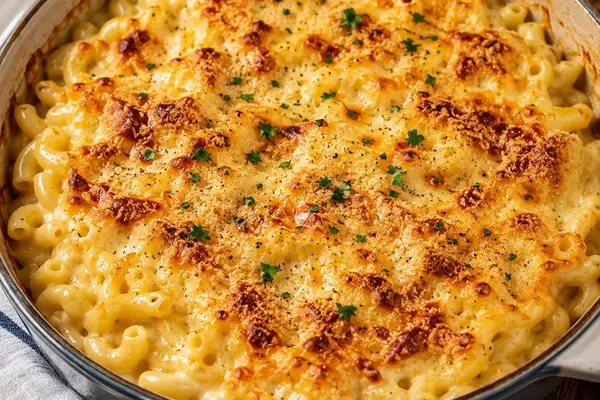 Baked macaroni cheese with a golden Cheddar and breadcrumb topping in an ovenproof dish