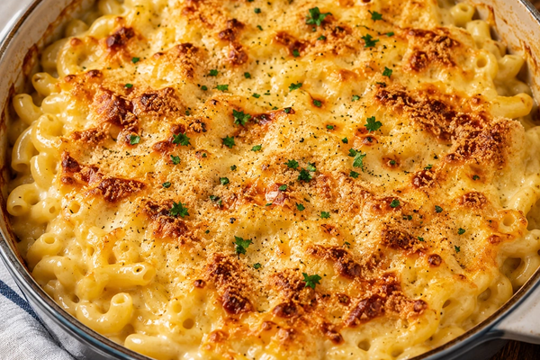 Baked macaroni cheese with a golden Cheddar and breadcrumb topping in an ovenproof dish
