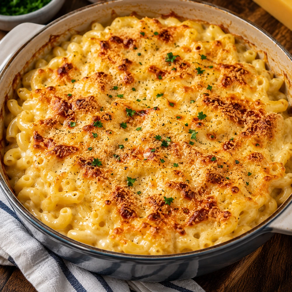 Baked macaroni cheese with a golden Cheddar and breadcrumb topping in an ovenproof dish
