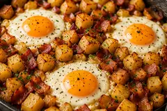 Crispy potato and bacon breakfast hash with fried eggs and chopped herbs in a black frying pan