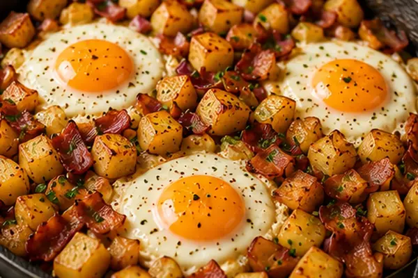 Crispy potato and bacon breakfast hash with fried eggs and chopped herbs in a black frying pan