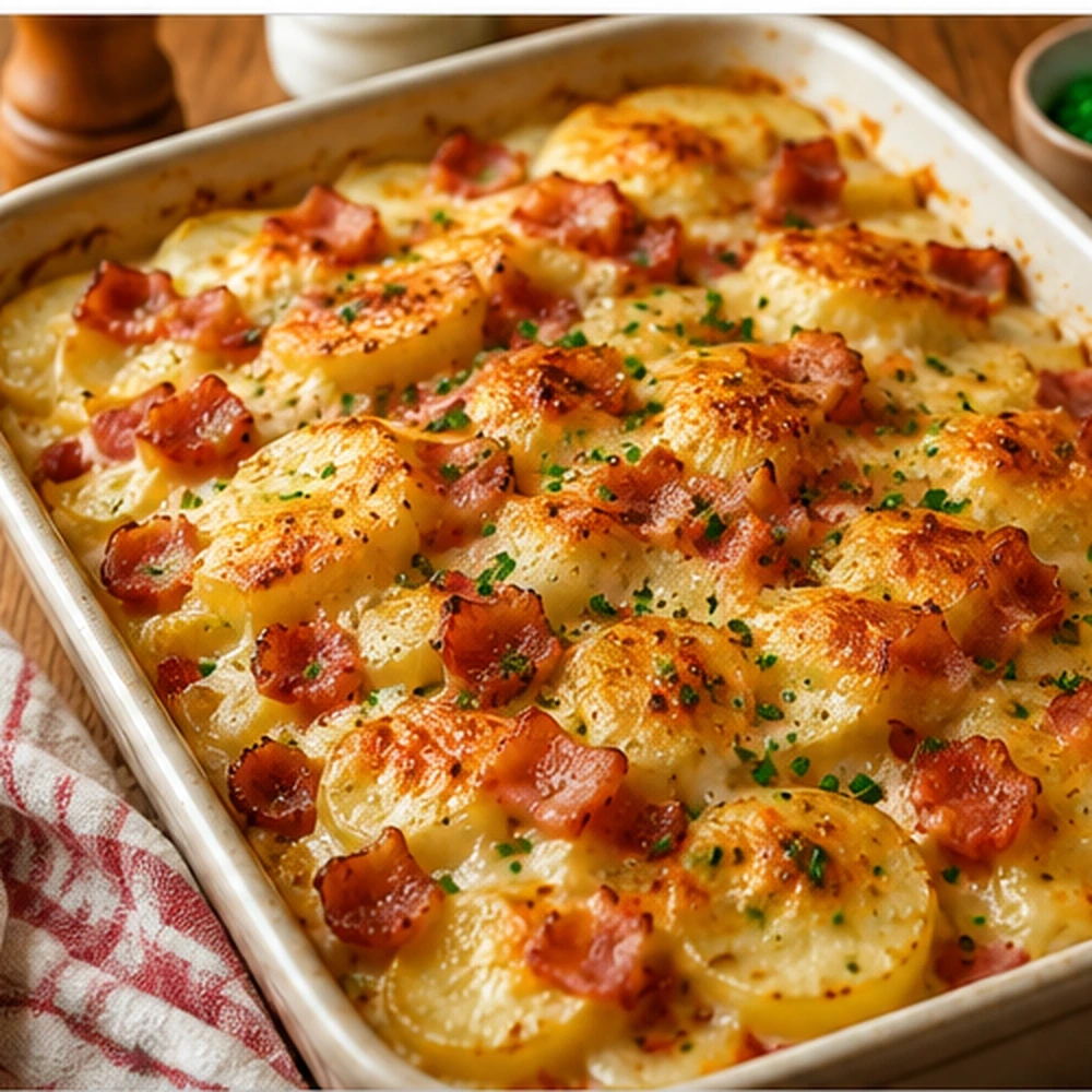 Golden cheesy potato and bacon bake with sliced potatoes, crisp bacon and chopped herbs in an ovenproof dish