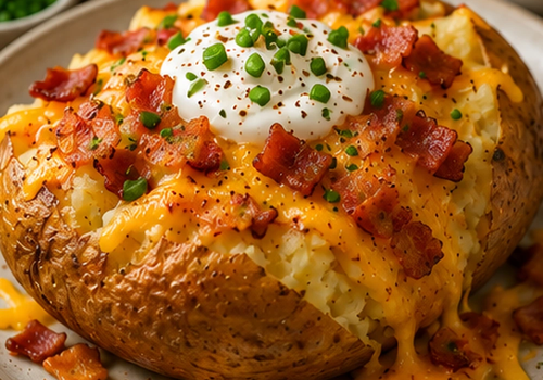 Crispy baked jacket potato filled with melted Cheddar, smoky bacon, soured cream and chopped chives