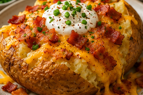 Crispy baked jacket potato filled with melted Cheddar, smoky bacon, soured cream and chopped chives