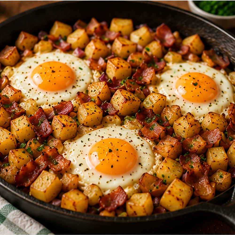 Crispy potato and bacon breakfast hash with fried eggs and chopped herbs in a black frying pan