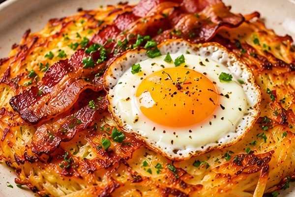 Crispy golden potato rösti topped with smoky bacon, a fried egg and chopped herbs on a plate
