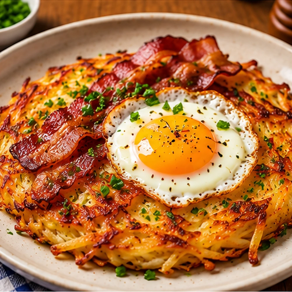 Crispy golden potato rösti topped with smoky bacon, a fried egg and chopped herbs on a plate
