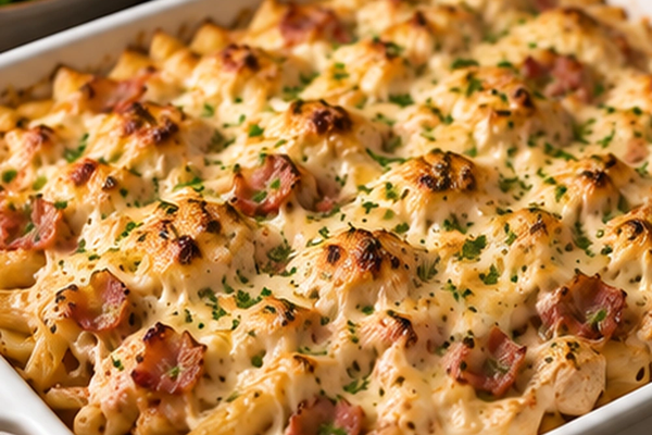 Golden chicken and bacon pasta bake with creamy sauce and melted Cheddar cheese in a white baking dish