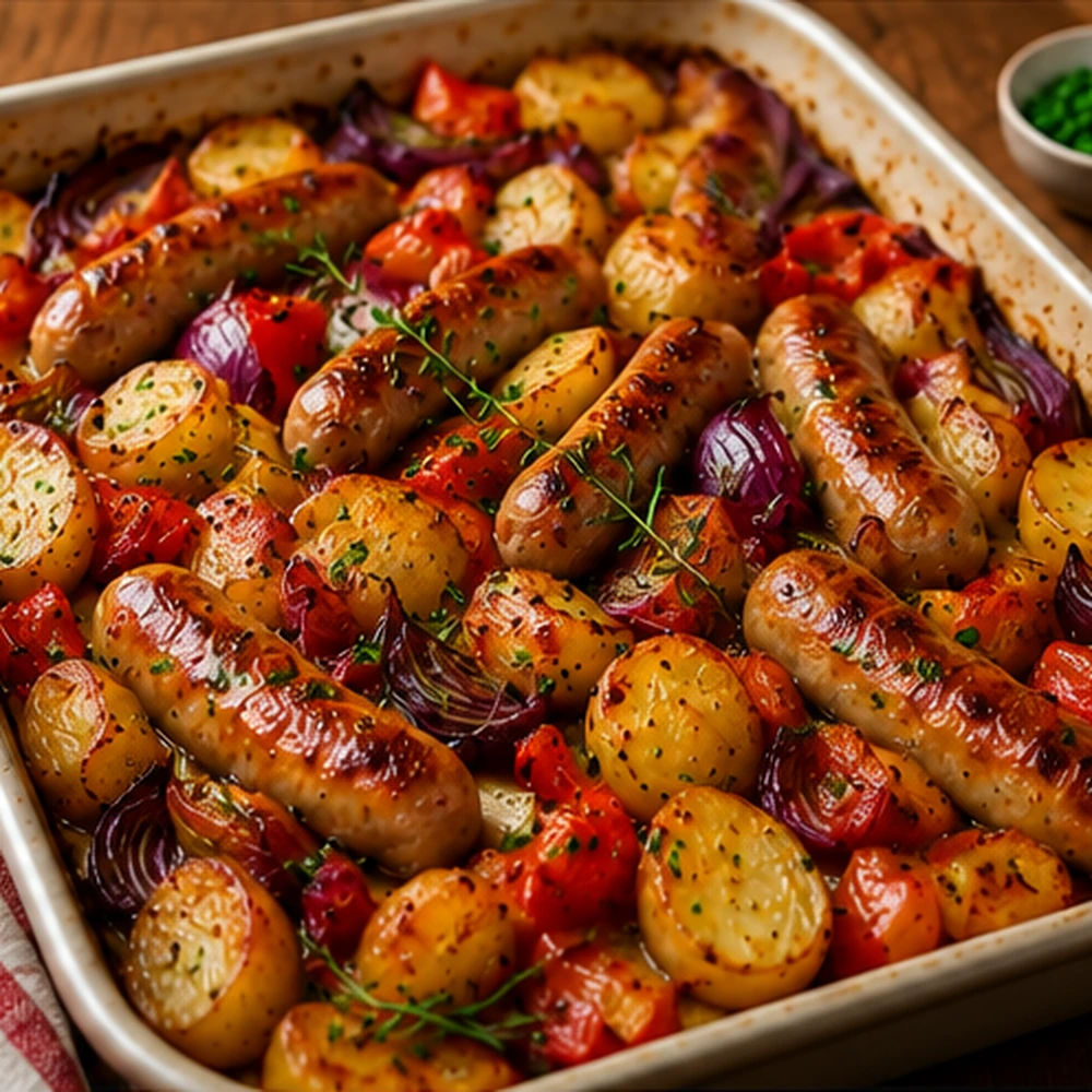 Golden pork sausages with roasted potatoes, red onion and red pepper in a large roasting tray