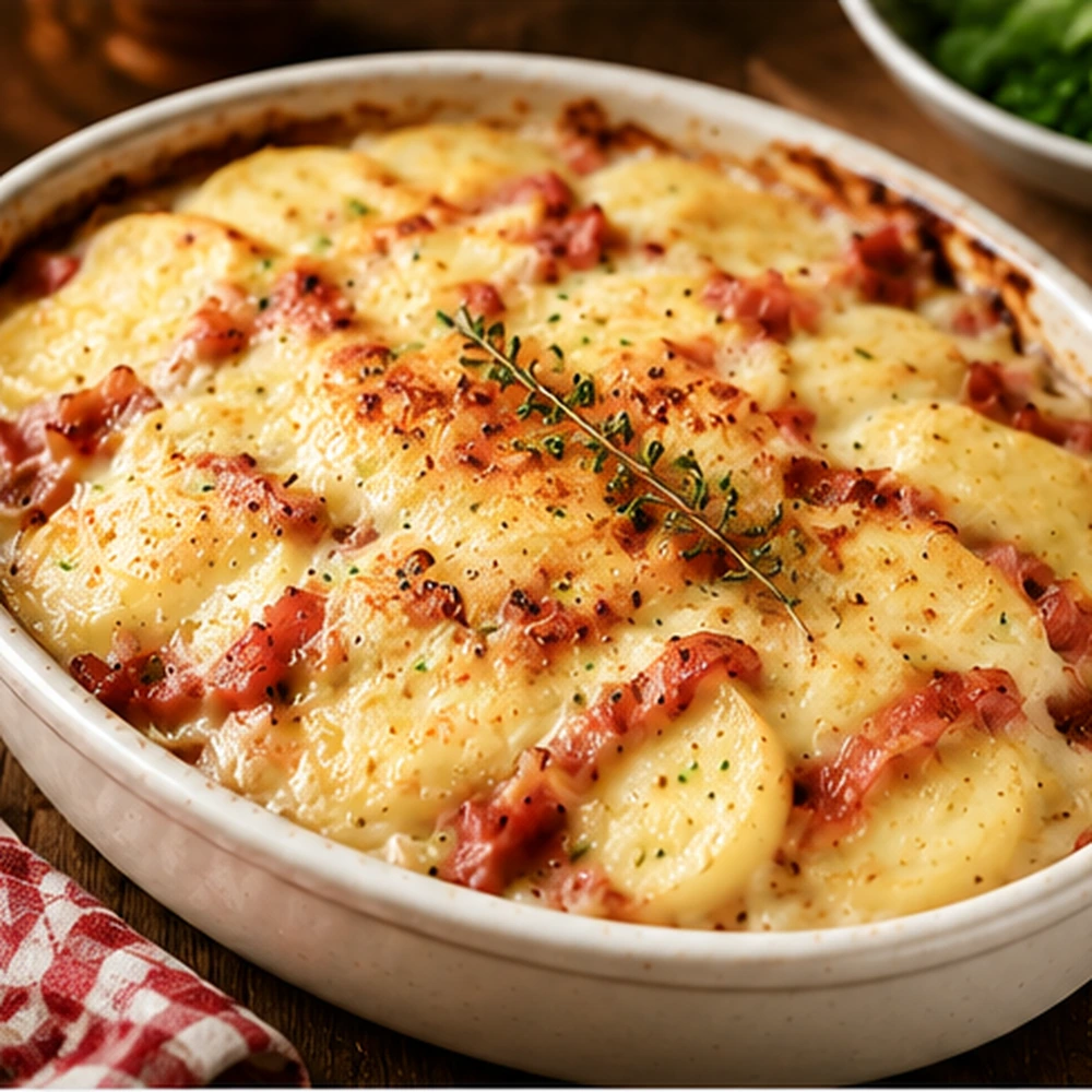 Golden tartiflette with sliced potatoes, smoky bacon and melted cheese in an ovenproof dish