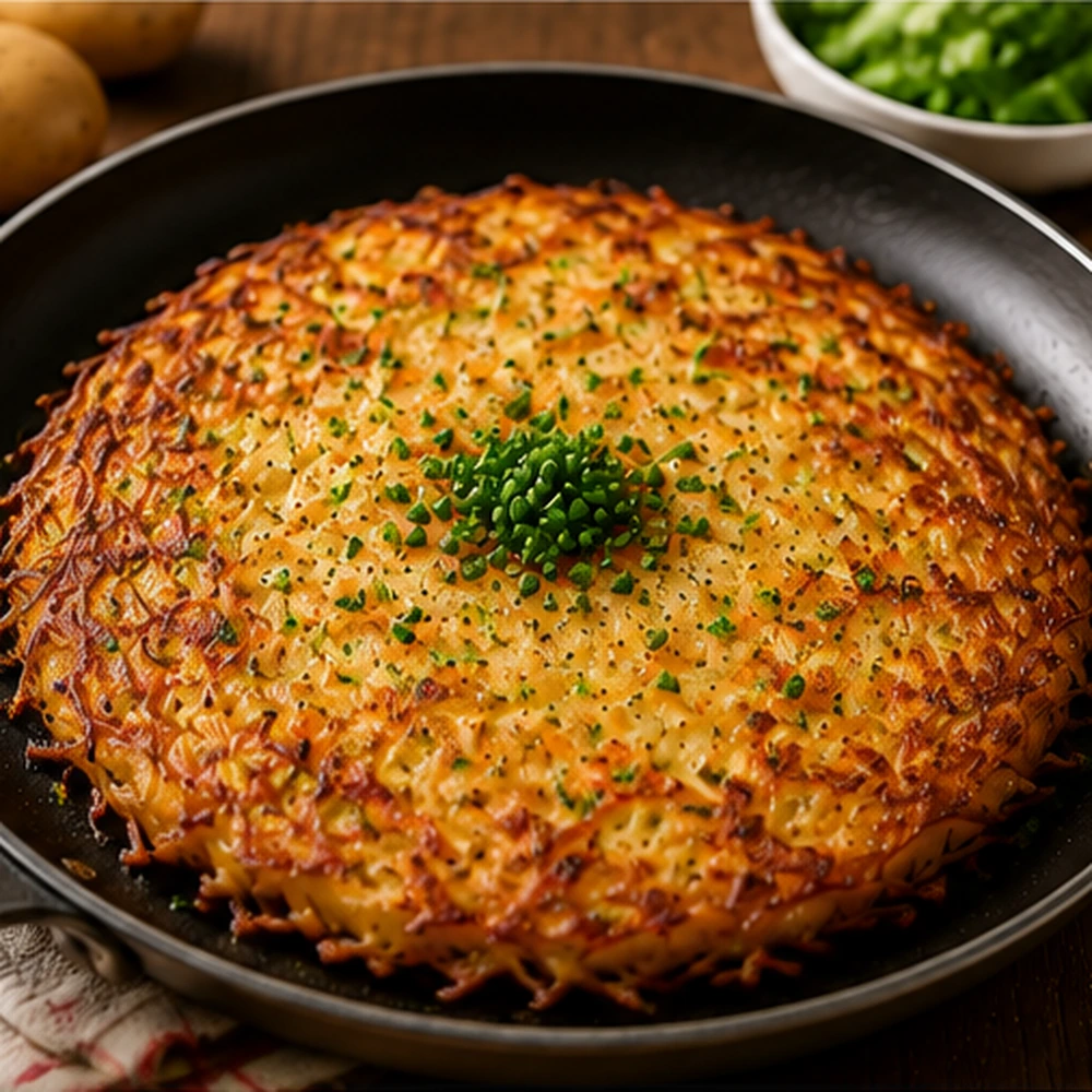 Large golden crispy potato rösti garnished with chopped chives in a black frying pan