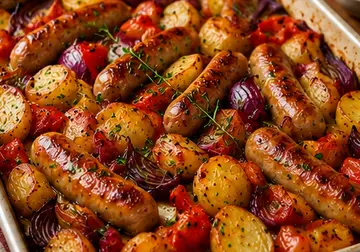 Golden pork sausages with roasted potatoes, red onion and red pepper in a large roasting tray