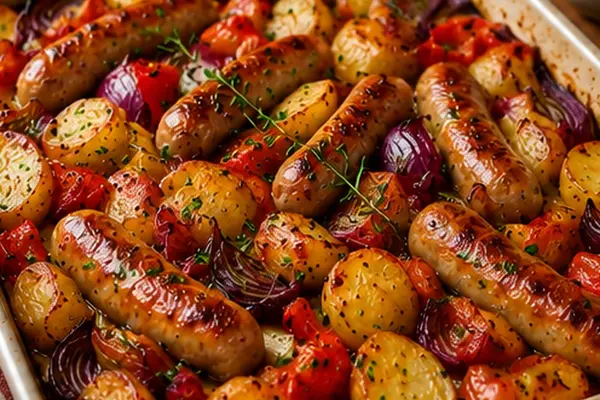 Golden pork sausages with roasted potatoes, red onion and red pepper in a large roasting tray