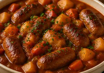 Hearty sausage casserole with browned sausages, potatoes and carrots in a rich tomato sauce