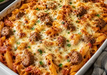 Sausage pasta bake with penne in tomato sauce, topped with golden melted cheese