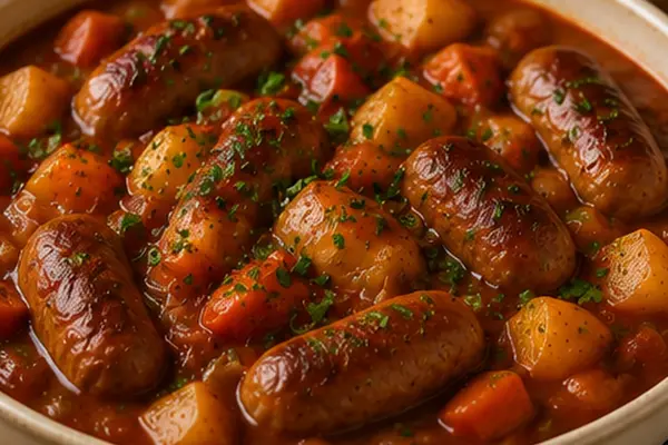 Hearty sausage casserole with browned sausages, potatoes and carrots in a rich tomato sauce