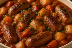 Hearty sausage casserole with browned sausages, potatoes and carrots in a rich tomato sauce