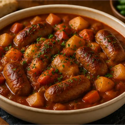 Hearty sausage casserole with browned sausages, potatoes and carrots in a rich tomato sauce