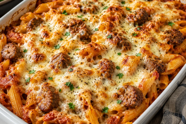 Sausage pasta bake with penne in tomato sauce, topped with golden melted cheese