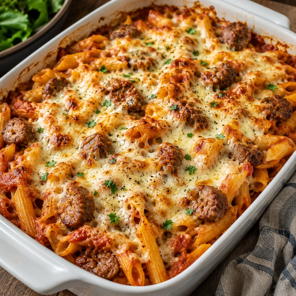 Sausage pasta bake with penne in tomato sauce, topped with golden melted cheese