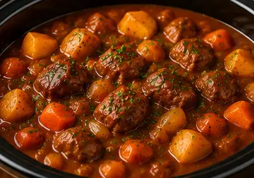 Rich slow cooker beef stew with tender beef, potatoes and carrots in a dark slow cooker