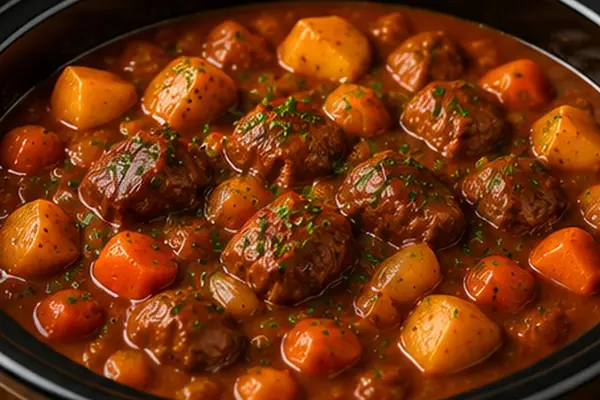 Rich slow cooker beef stew with tender beef, potatoes and carrots in a dark slow cooker