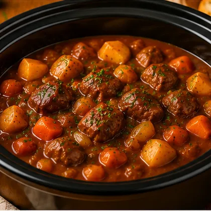Rich slow cooker beef stew with tender beef, potatoes and carrots in a dark slow cooker