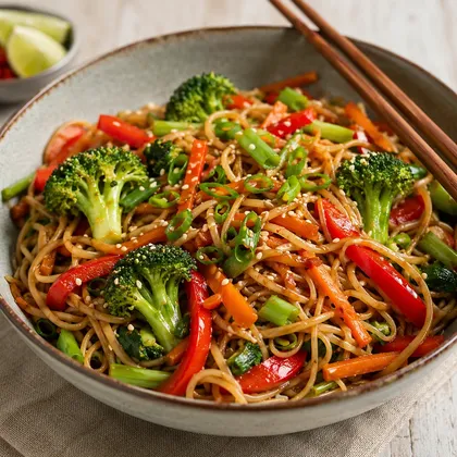 Bowl of sweet chilli noodles with broccoli, red pepper, carrot, spring onion and sesame seeds
