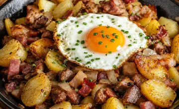 Austrian Tiroler Gröstl with crisp potatoes, bacon, onion and a fried egg in a skillet