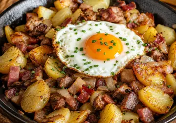 Austrian Tiroler Gröstl with crisp potatoes, bacon, onion and a fried egg in a skillet