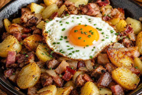 Austrian Tiroler Gröstl with crisp potatoes, bacon, onion and a fried egg in a skillet