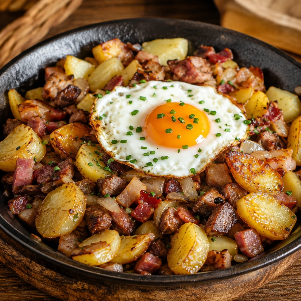 Austrian Tiroler Gröstl with crisp potatoes, bacon, onion and a fried egg in a skillet