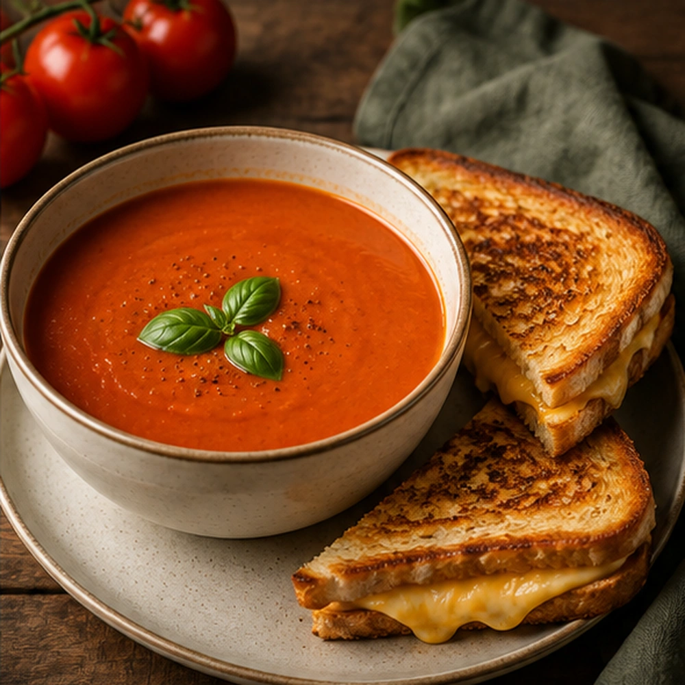 Bowl of smooth tomato soup served with golden toasted cheese sandwiches on a plate