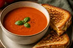 Bowl of smooth tomato soup served with golden toasted cheese sandwiches on a plate