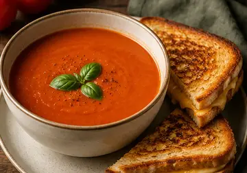 Bowl of smooth tomato soup served with golden toasted cheese sandwiches on a plate